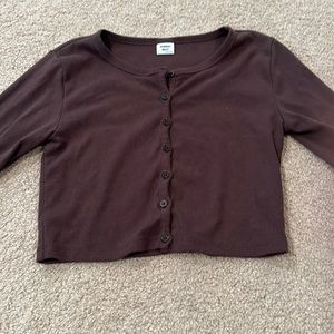 brown long sleeve button up crop top